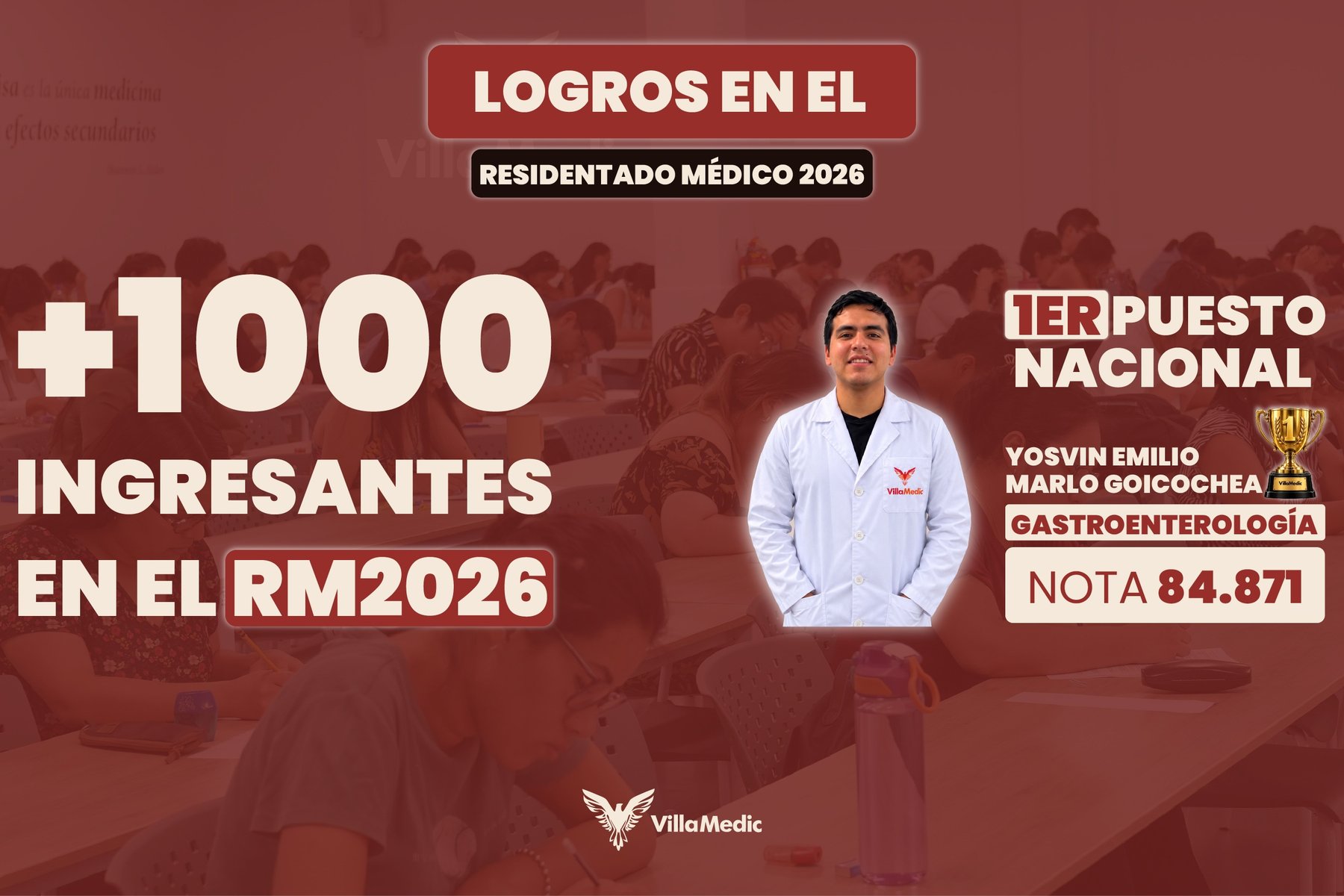 Logros VillaMedic en el Residentado Médico 2026: más de 1000 ingresantes y primer puesto nacional, Yosvin Emilio Marlo Goicochea en Gastroenterología con nota 84.871