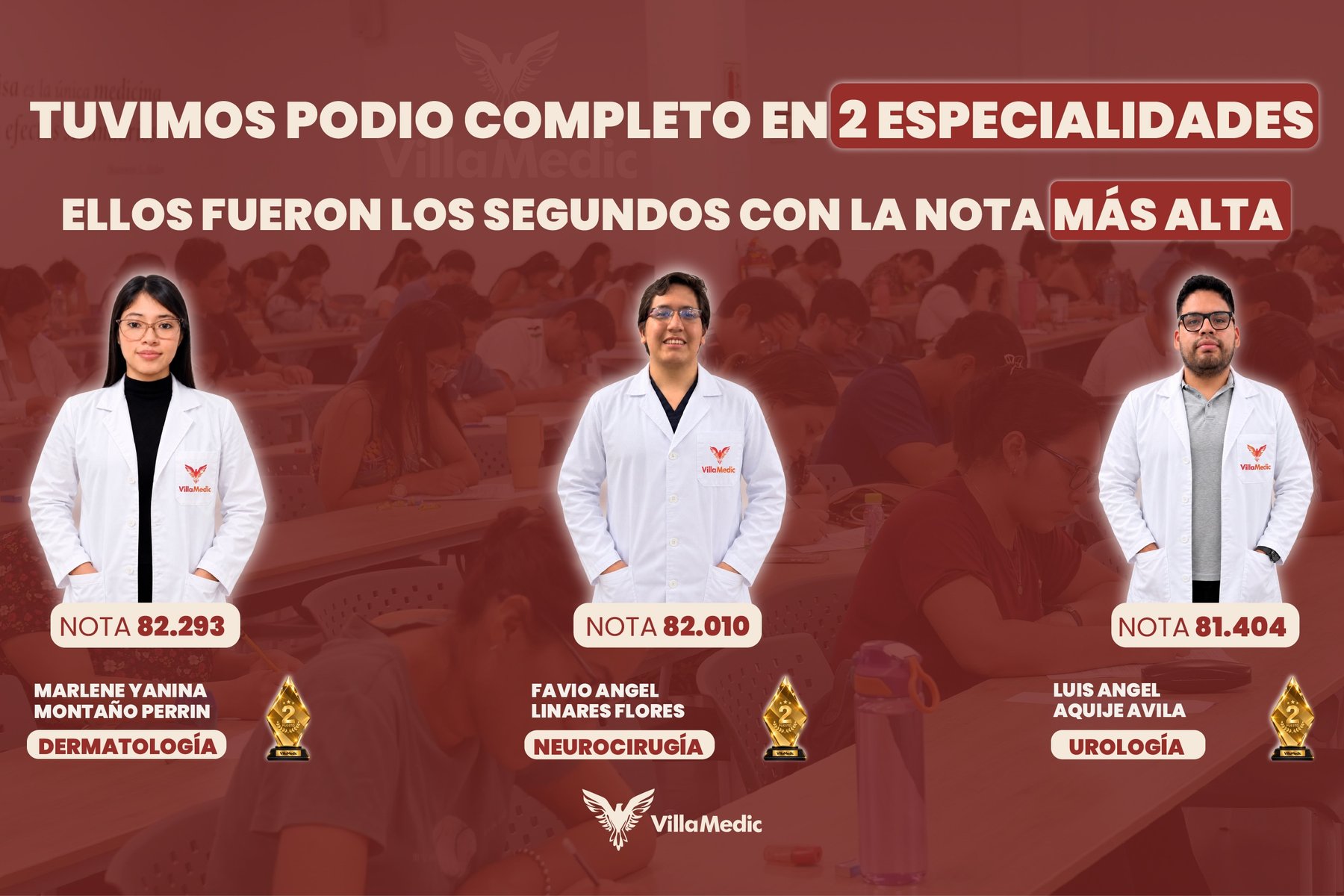 Residentado Médico 2026: podio completo en 2 especialidades; segundos puestos Marlene Yanina Montaño Perrin (Dermatología, 82.293), Favio Angel Linares Flores (Neurocirugía, 82.010) y Luis Angel Aquije Avila (Urología, 81.404)